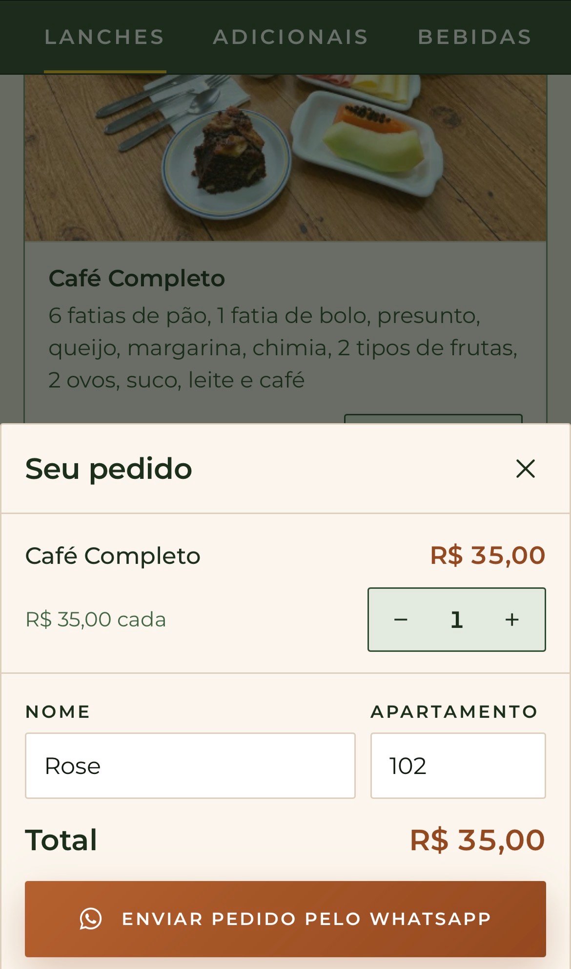 Cardápio interativo do Sítio Hotel & Eventos com o pedido sendo enviado pelo WhatsApp